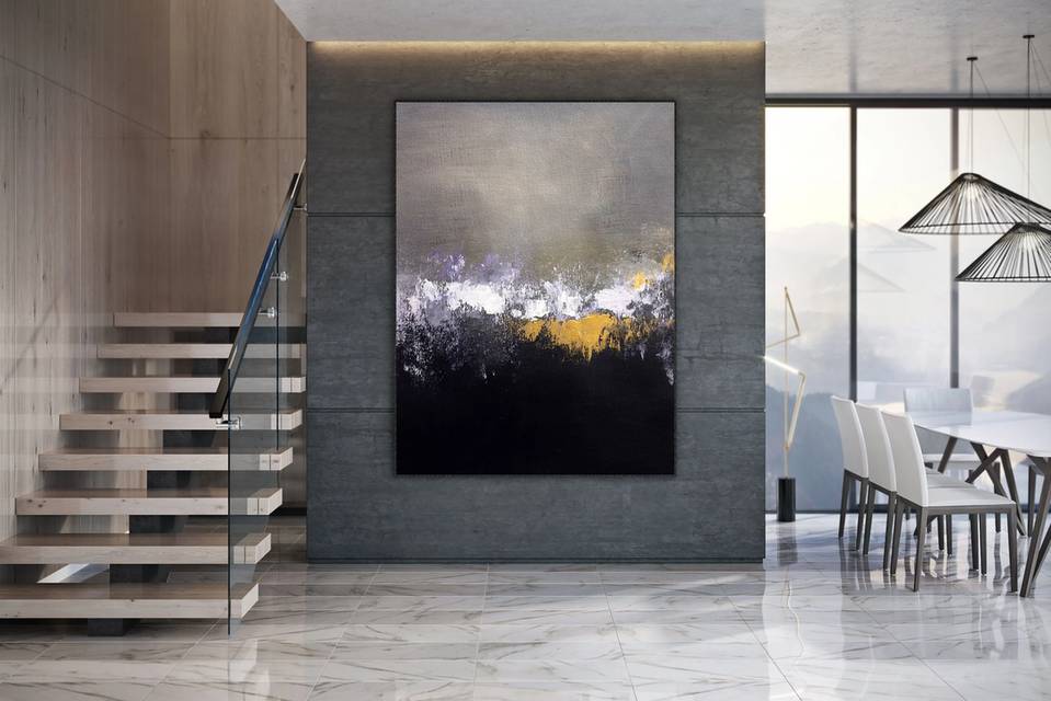 Office Handmade Hand-painted Grey Gold Leaf Hallway Abstract Canvas 8ZS9S
